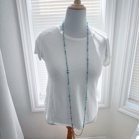 AEO Long Necklace in Shades of Blue Glass Beads and Silver Chain - Picture 2 of 9